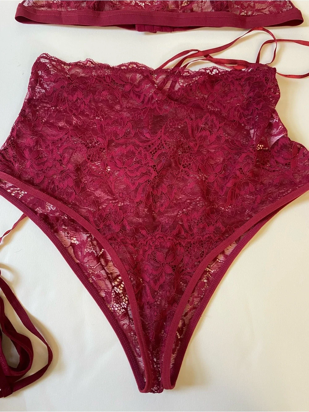 Burgundy Lace Lingerie 3 Piece Set Size L